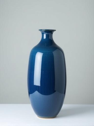 En høy, elegant keramikkvase med dyp blå glasur.