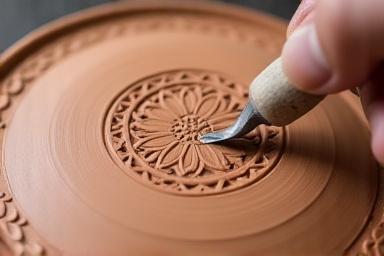 Nærbilde av et verktøy som risser et mønster i en leirbolle.